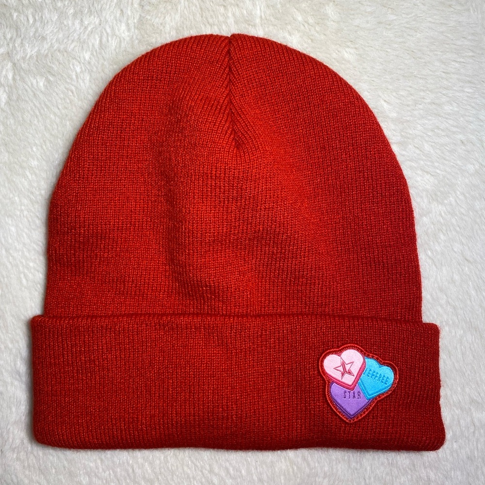 Jeffree Star Red Candy Heart Embroidered Knit Beanie EUC